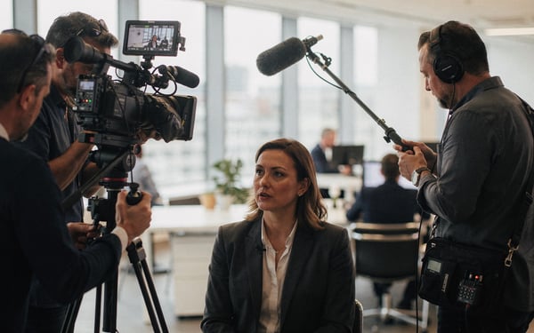 A film crew filming a businesswoman being interviewed in a bright modern London office, with a camera operator, a boom mic and a producer watching a monitor