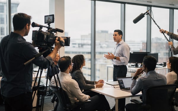 A film crew records a presenter delivering a training session to staff in a bright modern office, with a camera operator and a colleague holding a boom microphone