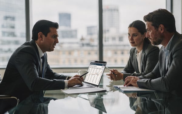 A chief financial officer reviews brand film budget figures on a laptop with two colleagues across a boardroom table