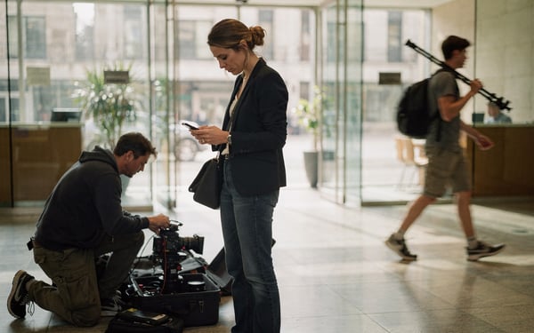 A film crew arriving in a hurry at a London office lobby, a producer checking her phone while a camera operator unpacks gear and a runner carries a tripod past reception