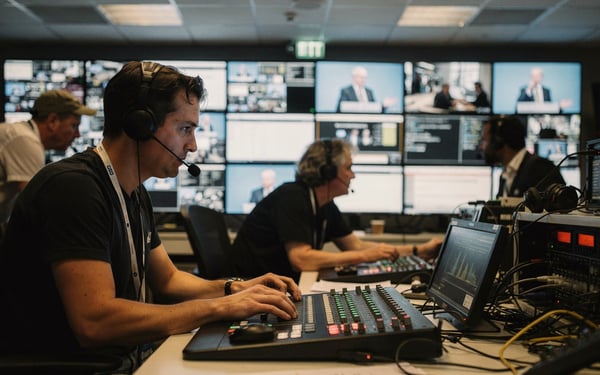 A production team in a control gallery watching a live keynote on a wall of monitors while an operator works a vision-mixing desk