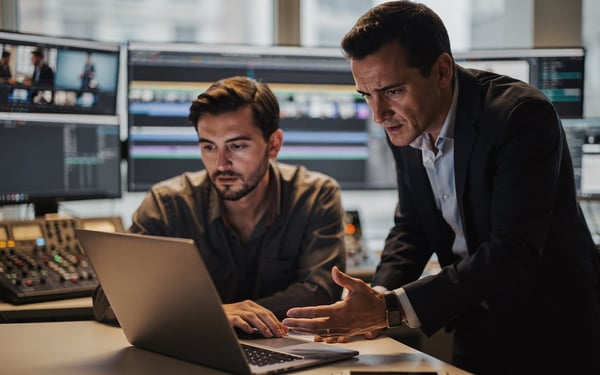 A video editor and a business client review footage together on a laptop in a busy edit suite, monitors glowing behind them