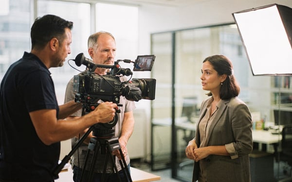 A film crew on a corporate shoot in a bright London office, a camera operator framing a shot on a cinema camera while a director checks the composition and a presenter stands under a softbox light