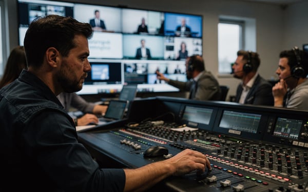 A production team in a broadcast control gallery watching a presenter on the monitor wall and adjusting the live shot at the vision-mixing desk during a webinar